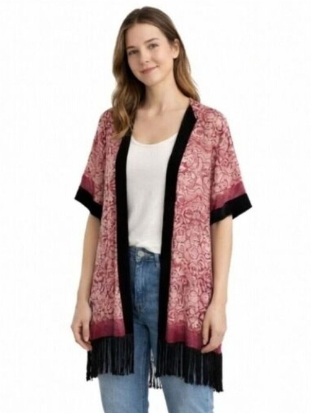 Anthropologie Petticoat Alley Velvet Fringed Kimono Open Front Cardigan Duster
